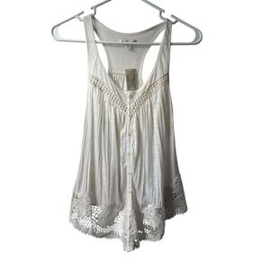 American Eagle Tank Top XS Cream Crochet Pleated Racerback Sheer Ivory 2010s Y2K